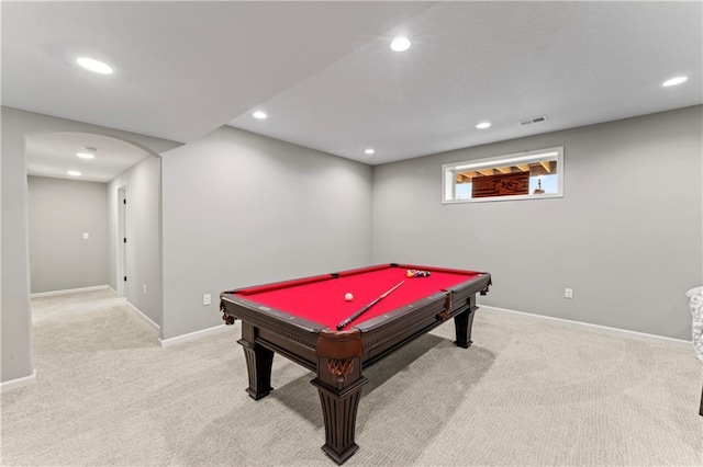 21115 W 186th Ter, Spring Hill, KS 66083 - recreation room with light carpet, recessed lighting, baseboards, arched walkways, and billiards