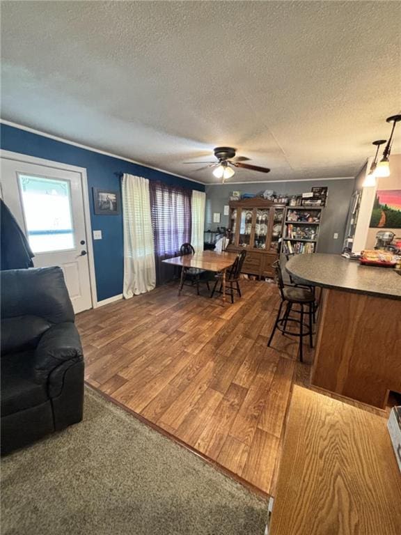 32592 SE 500th Rd, Kincaid, KS 66039 - dining area featuring a textured ceiling, dark wood-style flooring, and a ceiling fan