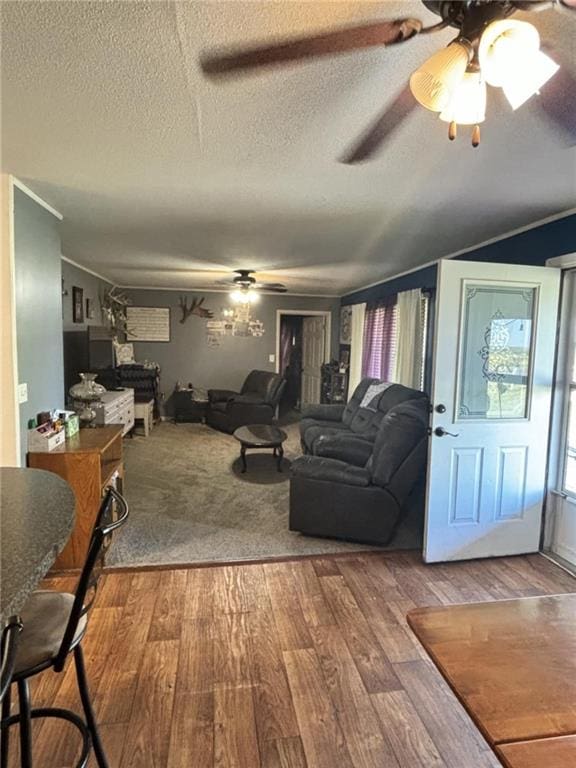 32592 SE 500th Rd, Kincaid, KS 66039 - living area with wood finished floors, a textured ceiling, ceiling fan, crown molding, and lofted ceiling
