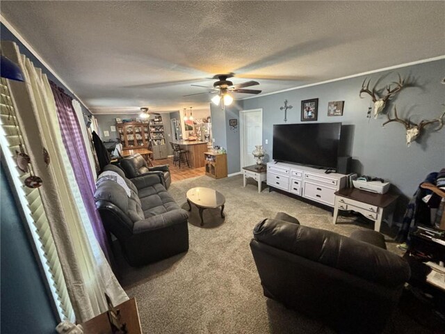 32592 SE 500th Rd, Kincaid, KS 66039 - living area with a textured ceiling, ceiling fan, carpet flooring, and crown molding