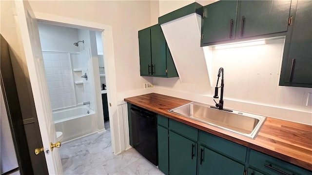 524 S Hill St, Fort Scott, KS 66701 - kitchen with dishwasher, butcher block countertops, green cabinets, a sink, and light marble finish floors
