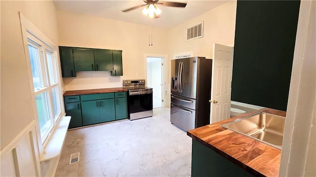 524 S Hill St, Fort Scott, KS 66701 - kitchen with stainless steel appliances, wooden counters, green cabinets, a sink, and a ceiling fan