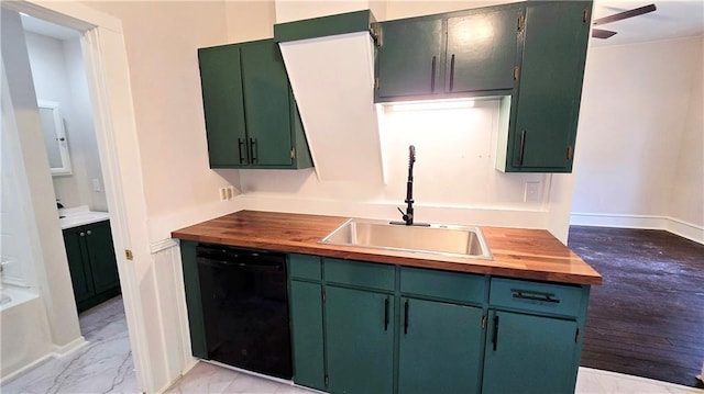 524 S Hill St, Fort Scott, KS 66701 - kitchen with dishwasher, butcher block counters, a sink, and green cabinetry