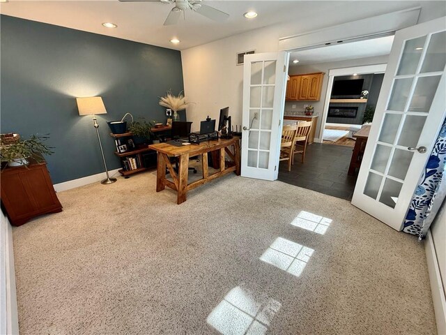 226 James Ave, Maryville, MO 64468 - office area with french doors, recessed lighting, a ceiling fan, carpet flooring, and baseboards
