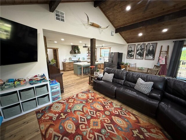 4004 Texaco Rd, Cushing, OK 74023 - living area with light wood finished floors, high vaulted ceiling, healthy amount of natural light, wood ceiling with exposed beams, and recessed lighting