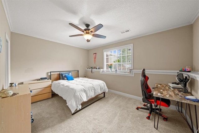 17208 W 198th St, Spring Hill, KS 66083 - carpeted bedroom with crown molding, an office area, a textured ceiling, and ceiling fan
