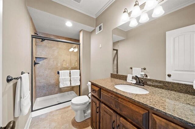 17208 W 198th St, Spring Hill, KS 66083 - full bath with a stall shower, vanity, ornamental molding, and tile patterned flooring