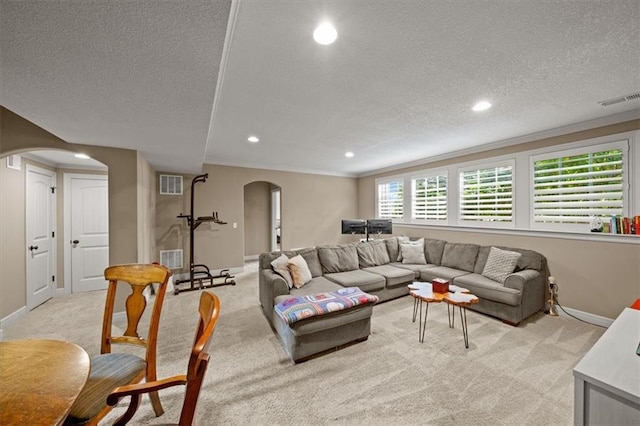 17208 W 198th St, Spring Hill, KS 66083 - living room with arched walkways, light carpet, recessed lighting, a textured ceiling, and crown molding