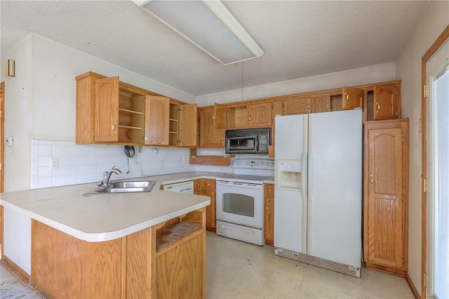 1609 N Lazy Branch Rd, Independence, MO 64058 - kitchen featuring white appliances, open shelves, a sink, a peninsula, and a textured ceiling