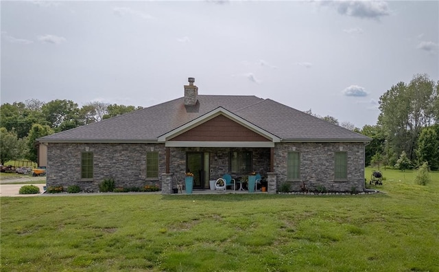 5260 SE Fox Run Rd, Lathrop, MO 64465 - rear view of property featuring a lawn, a chimney, stone siding, and a shingled roof