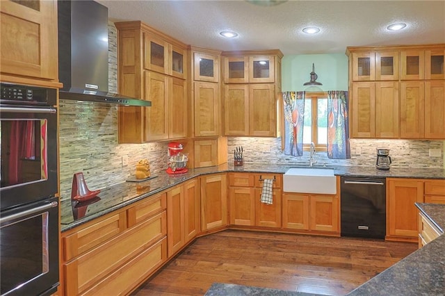 5260 SE Fox Run Rd, Lathrop, MO 64465 - kitchen with wall chimney range hood, black appliances, a sink, dark wood-style flooring, and a textured ceiling