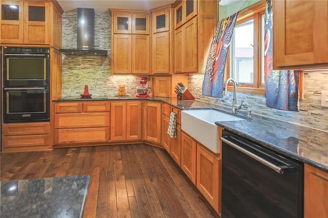 5260 SE Fox Run Rd, Lathrop, MO 64465 - kitchen featuring wall chimney range hood, black appliances, a sink, dark wood-type flooring, and tasteful backsplash