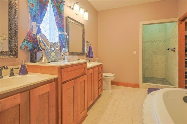 5260 SE Fox Run Rd, Lathrop, MO 64465 - bathroom featuring two vanities, toilet, a tile shower, and a bath