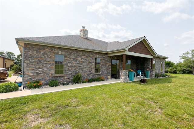 5260 SE Fox Run Rd, Lathrop, MO 64465 - view of side of home with stone siding, a chimney, a yard, and a shingled roof