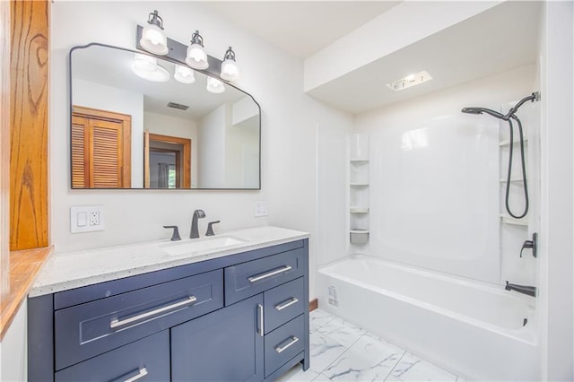 3931 Main St, Parsons, KS 67357 - full bathroom featuring vanity, marble look tiles, and shower / bath combination