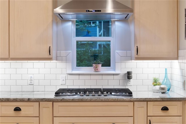 13807 W 47th Ter, Shawnee, KS 66216 - kitchen featuring range hood, stainless steel gas cooktop, decorative backsplash, and light brown cabinetry