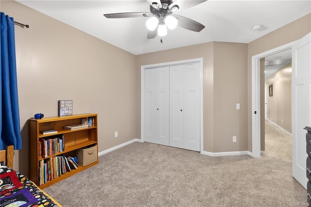 13807 W 47th Ter, Shawnee, KS 66216 - bedroom with carpet, baseboards, a closet, and ceiling fan