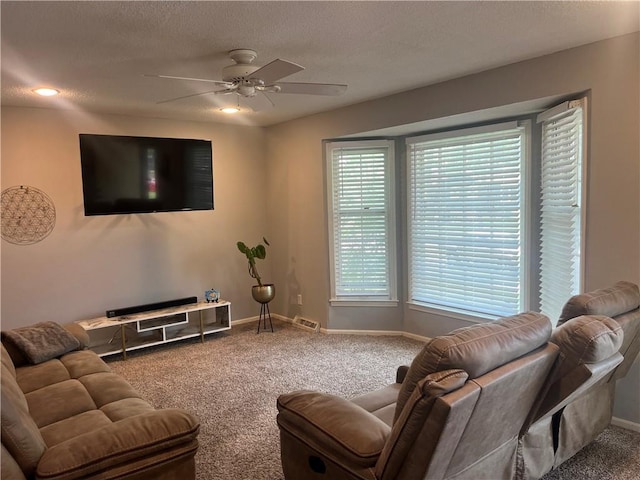 8425 N Tracy Ave, Kansas City, MO 64155 - living room featuring carpet floors, ceiling fan, baseboards, healthy amount of natural light, and a textured ceiling