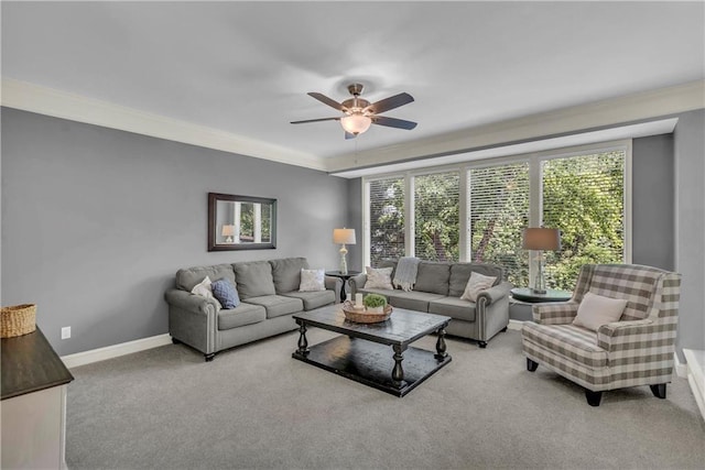 7208 Oakview St, Shawnee, KS 66216 - carpeted living area with a ceiling fan, baseboards, and ornamental molding