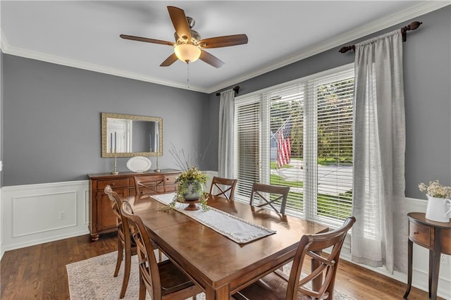 7208 Oakview St, Shawnee, KS 66216 - dining area featuring a wainscoted wall, crown molding, wood finished floors, and ceiling fan