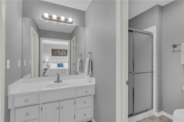 7208 Oakview St, Shawnee, KS 66216 - bathroom with connected bathroom, toilet, a shower stall, and vanity