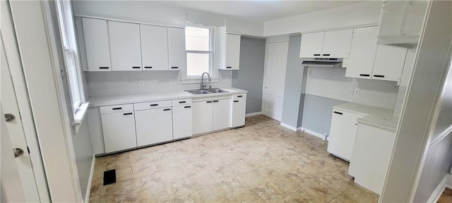 403 S St, Iola, KS 66749 - kitchen featuring a sink, white cabinetry, under cabinet range hood, and light countertops