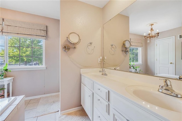 3222 SW Shadow Brook Dr, Blue Springs, MO 64015 - full bath featuring double vanity, a chandelier, tiled tub, and tile patterned floors