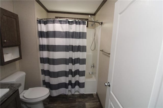 17922 County Road 361, Savannah, MO 64485 - full bathroom with vanity, ornamental molding, toilet, and shower / bath combination with curtain