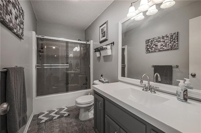 11702 E 246th St, Peculiar, MO 64078 - full bathroom featuring a textured ceiling, vanity, shower / bath combination with glass door, and a chandelier