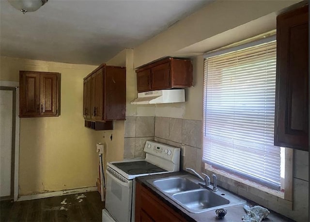 8201 Lydia Ave, Kansas City, MO 64131 - kitchen with electric range, under cabinet range hood, healthy amount of natural light, and a sink