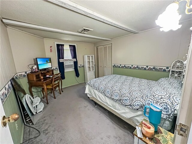 15157 Bass Cove Rd, Gravois Mills, MO 65037 - bedroom featuring a chandelier, carpet, and a textured ceiling