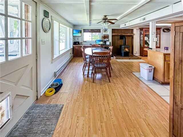 15157 Bass Cove Rd, Gravois Mills, MO 65037 - sunroom with a wood stove, a baseboard radiator, and beam ceiling