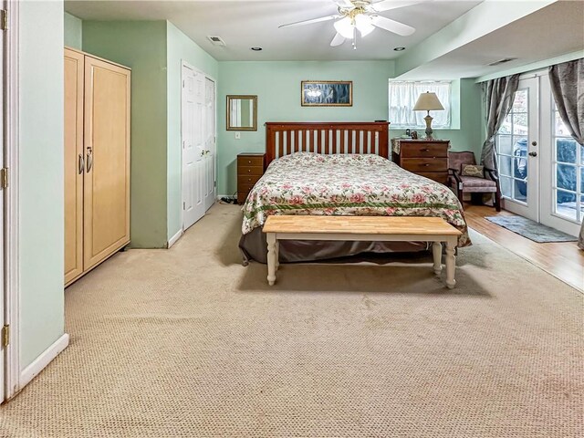 15157 Bass Cove Rd, Gravois Mills, MO 65037 - bedroom featuring access to exterior, french doors, light carpet, and ceiling fan