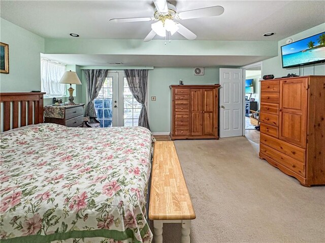 15157 Bass Cove Rd, Gravois Mills, MO 65037 - bedroom featuring access to outside, light carpet, french doors, and ceiling fan