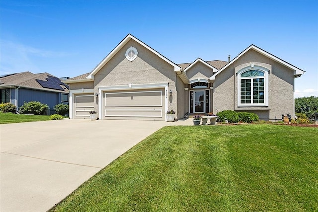 8108 NE 113th St, Kansas City, MO 64157 - ranch-style home featuring an attached garage, a front yard, concrete driveway, and stucco siding