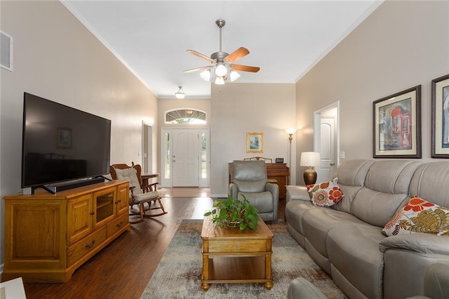8108 NE 113th St, Kansas City, MO 64157 - living area with crown molding, dark wood finished floors, and ceiling fan