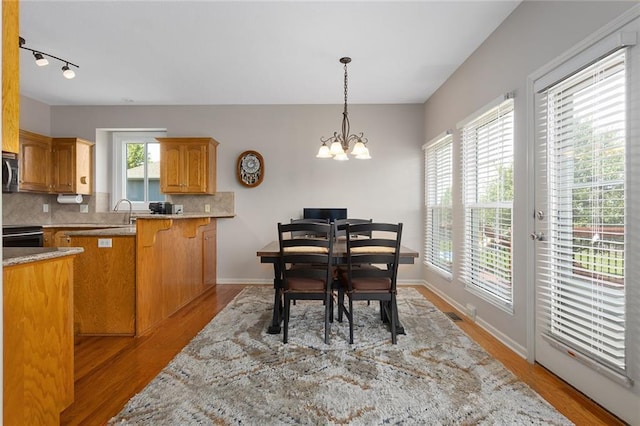 8108 NE 113th St, Kansas City, MO 64157 - dining room with light wood-type flooring, track lighting, and a chandelier