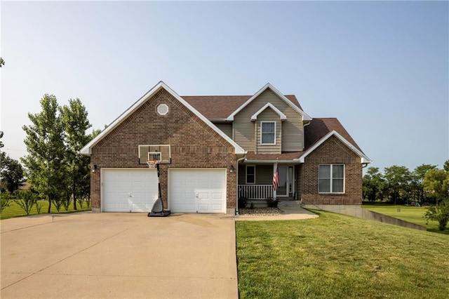 130 SW 95th Rd, Warrensburg, MO 64093 - traditional-style home with driveway, brick siding, a front lawn, and covered porch