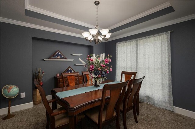 130 SW 95th Rd, Warrensburg, MO 64093 - dining space with a tray ceiling, a chandelier, carpet floors, ornamental molding, and baseboards