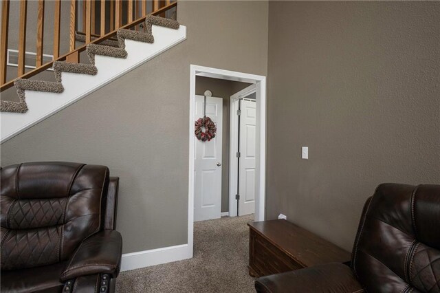 130 SW 95th Rd, Warrensburg, MO 64093 - living area with carpet, baseboards, and stairs