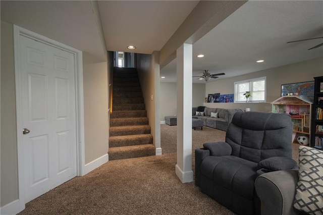 130 SW 95th Rd, Warrensburg, MO 64093 - stairs with carpet floors, ceiling fan, recessed lighting, and baseboards