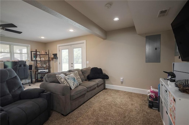 130 SW 95th Rd, Warrensburg, MO 64093 - living room with electric panel, light carpet, baseboards, ceiling fan, and recessed lighting