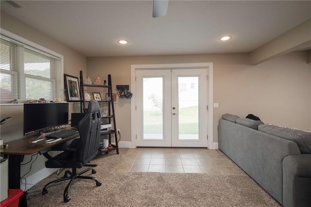 130 SW 95th Rd, Warrensburg, MO 64093 - office area with french doors, light colored carpet, light tile patterned flooring, baseboards, and recessed lighting