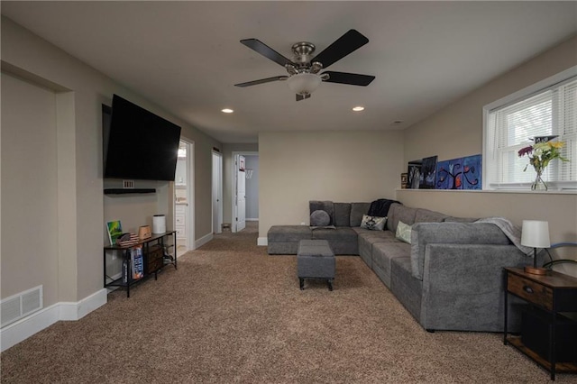 130 SW 95th Rd, Warrensburg, MO 64093 - living area featuring carpet floors, recessed lighting, ceiling fan, and baseboards