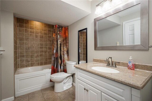 130 SW 95th Rd, Warrensburg, MO 64093 - bathroom with toilet, vanity, shower / tub combo with curtain, a textured ceiling, and tile patterned floors