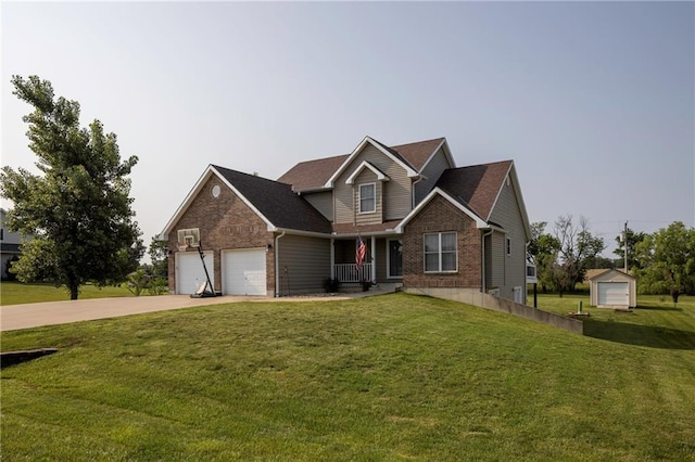 130 SW 95th Rd, Warrensburg, MO 64093 - view of front of home featuring concrete driveway, a front lawn, brick siding, covered porch, and a garage