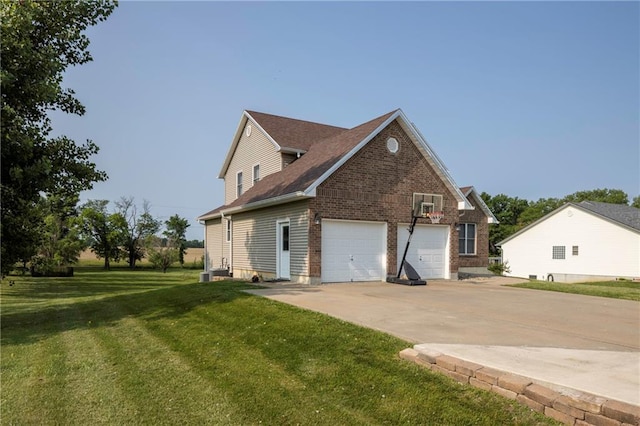 130 SW 95th Rd, Warrensburg, MO 64093 - view of property exterior featuring concrete driveway, a lawn, a garage, brick siding, and central air condition unit
