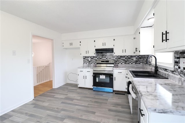 956 Ridge Dr, Warrensburg, MO 64093 - kitchen featuring appliances with stainless steel finishes, under cabinet range hood, a sink, and tasteful backsplash