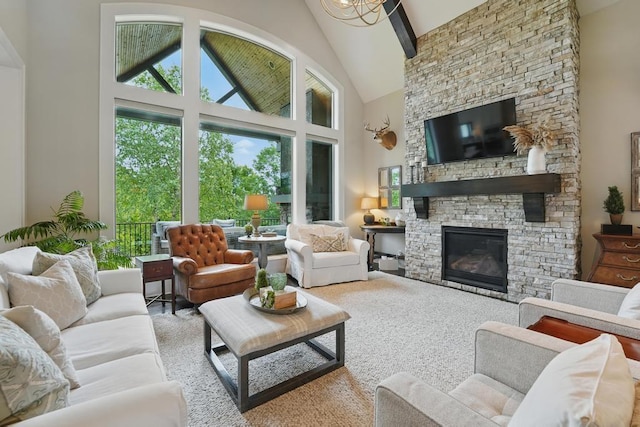 16005 Melrose St, Overland Park, KS 66221 - carpeted living area with high vaulted ceiling, a fireplace, and beam ceiling