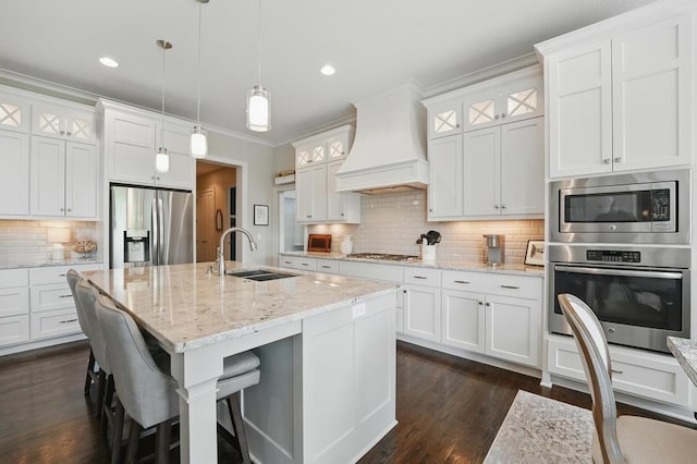 16005 Melrose St, Overland Park, KS 66221 - kitchen featuring stainless steel appliances, custom exhaust hood, ornamental molding, tasteful backsplash, and pendant lighting